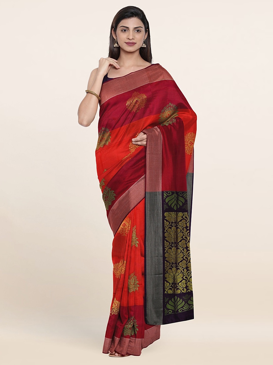 

Pothys Pink & Green Woven Design Zari Pure Silk Saree