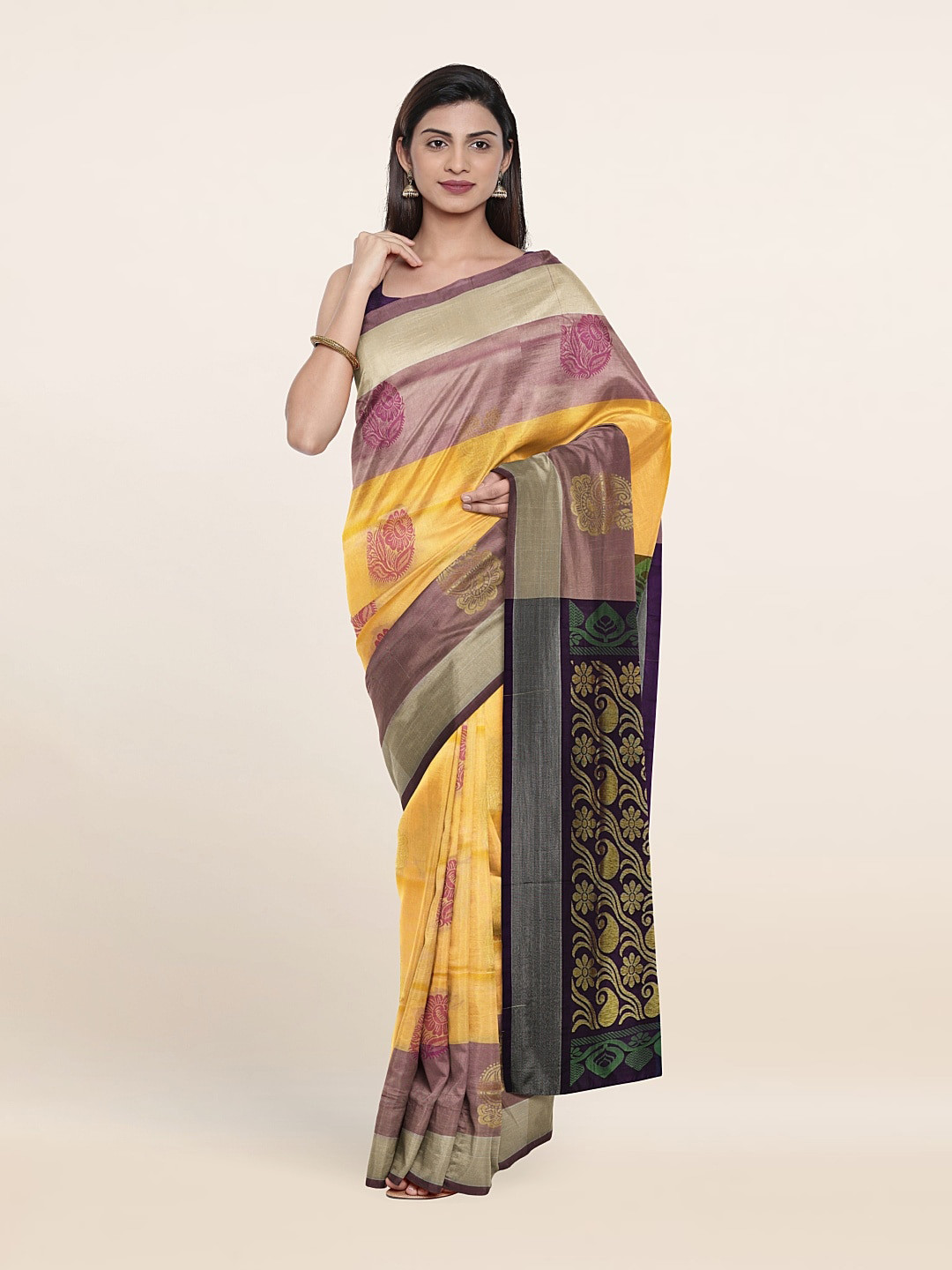 

Pothys Cream-Coloured & Red Woven Design Zari Pure Silk Saree