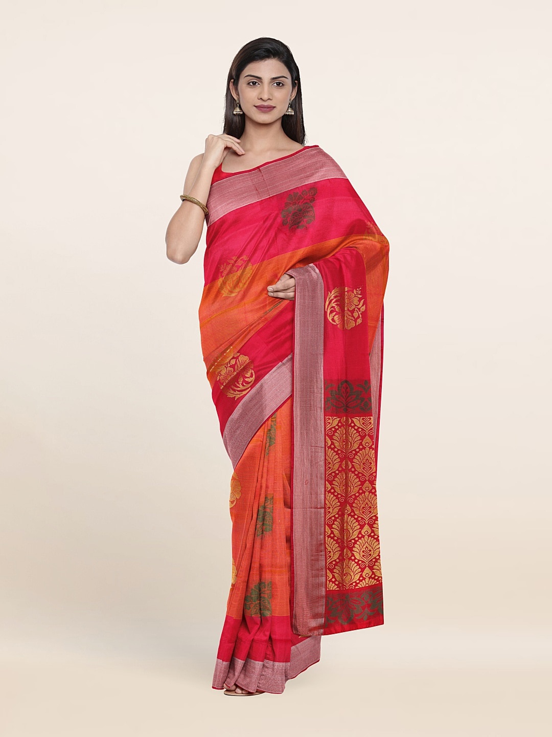 

Pothys Rust & Green Woven Design Zari Pure Silk Saree