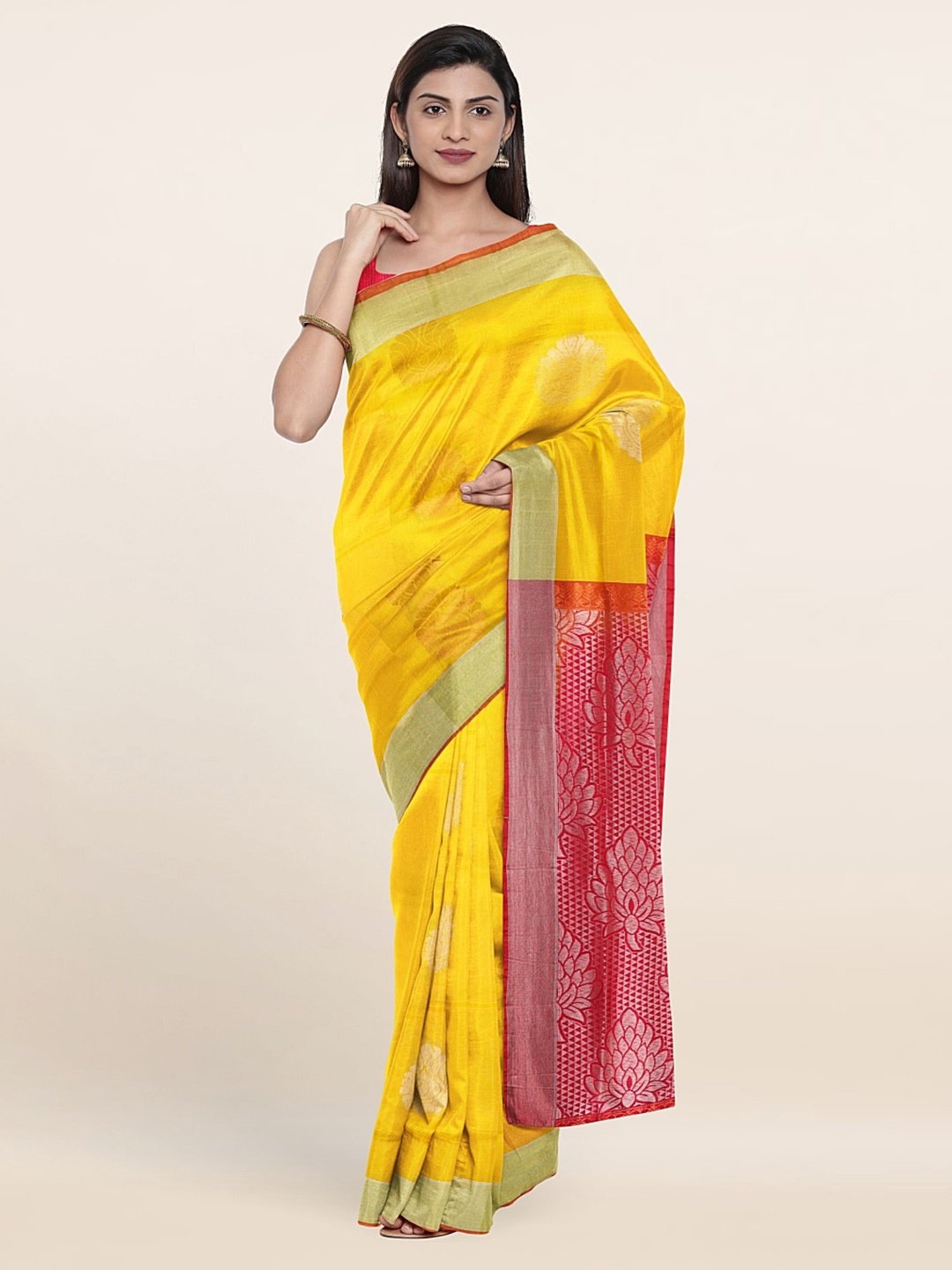 

Pothys Yellow & Orange Woven Design Zardozi Pure Silk Saree