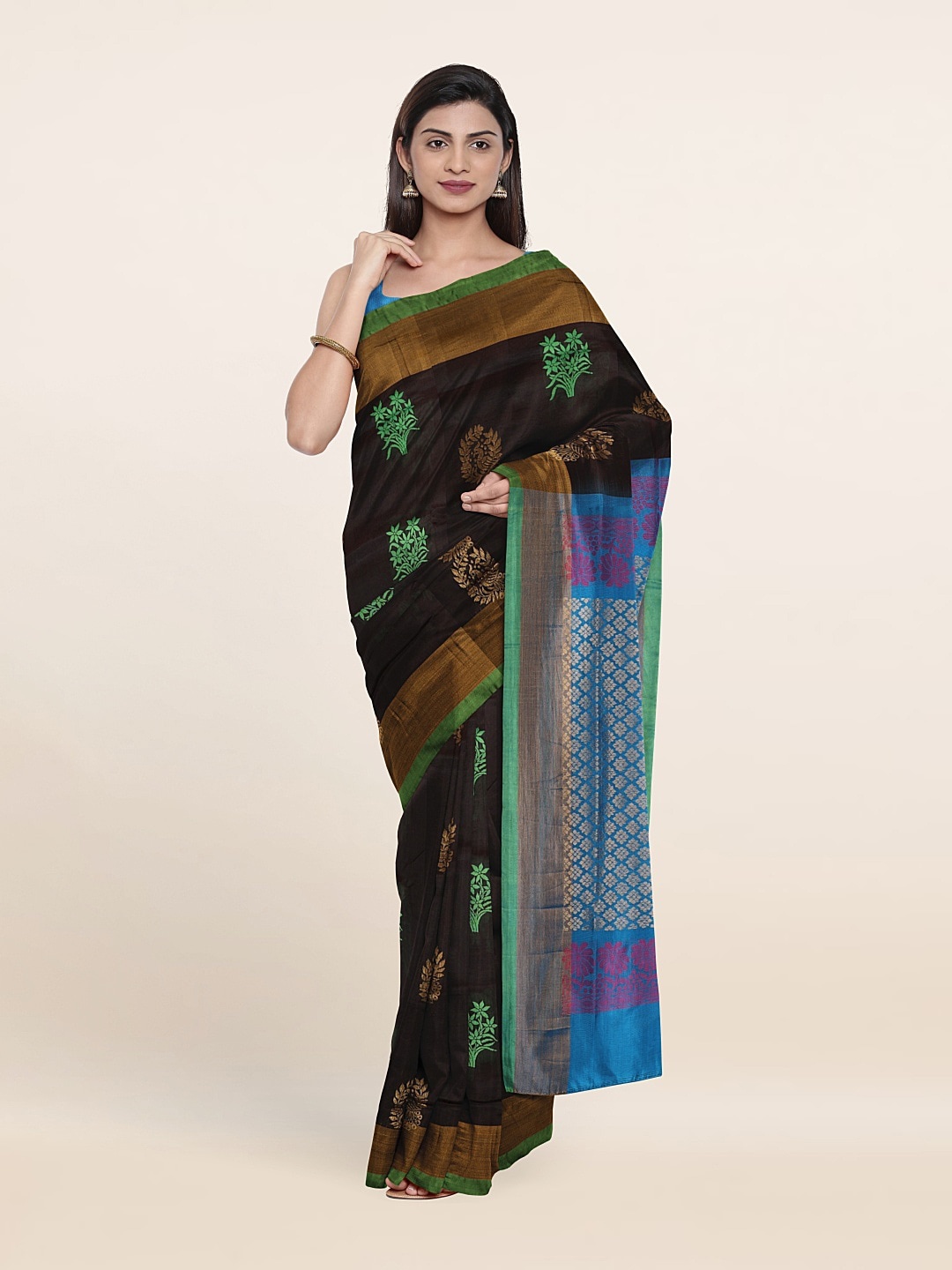 

Pothys Coffee Brown & Blue Woven Design Zari Pure Silk Saree