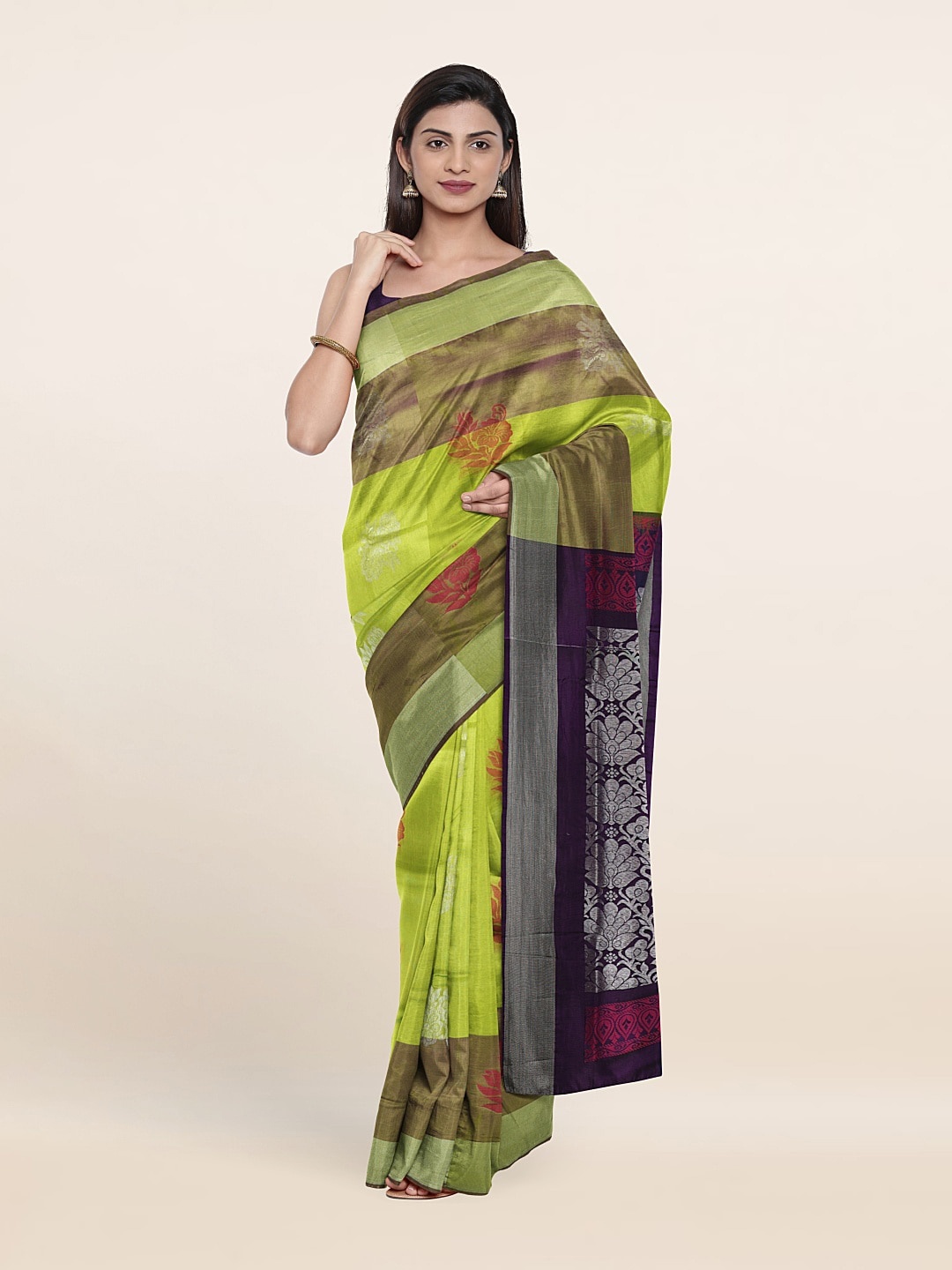 

Pothys Lime Green & Blue Woven Design Zari Pure Silk Saree