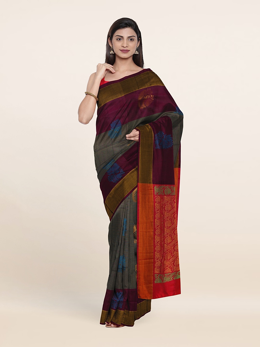 

Pothys Grey & Red Woven Design Zari Pure Silk Saree