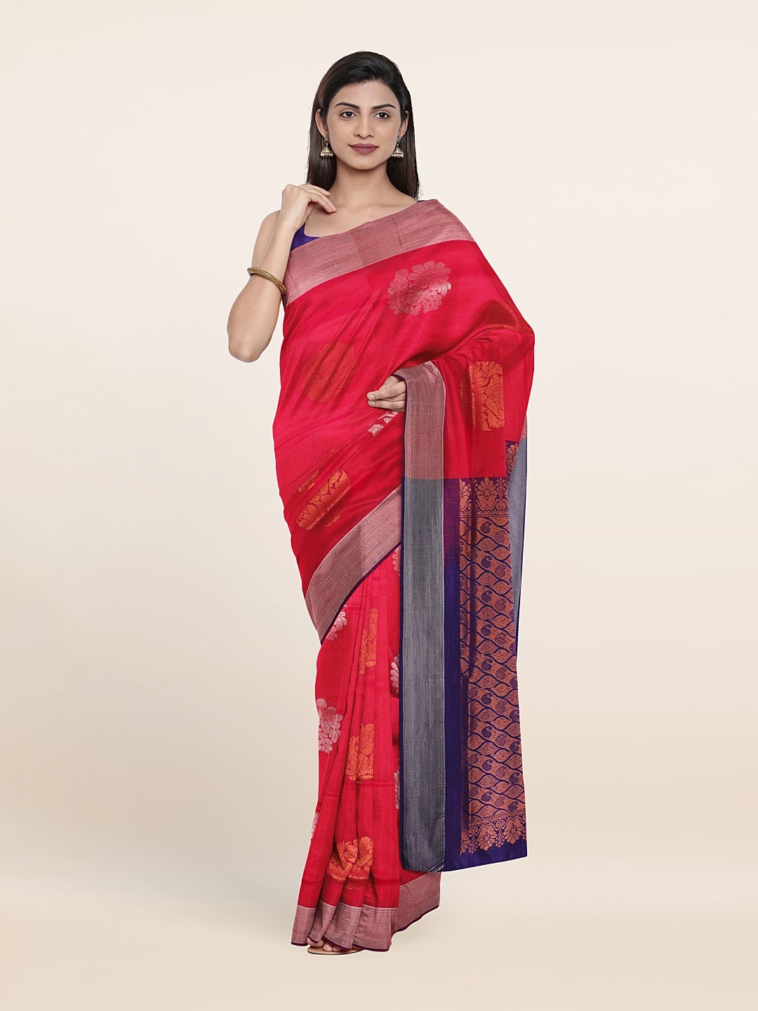 

Pothys Pink & Navy Blue Floral Zari Pure Silk Saree