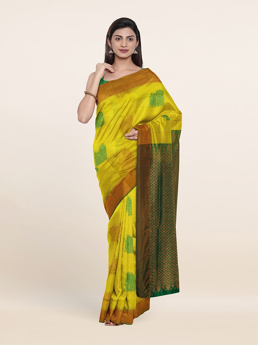 

Pothys Lime Green & Yellow Woven Design Zari Pure Silk Saree