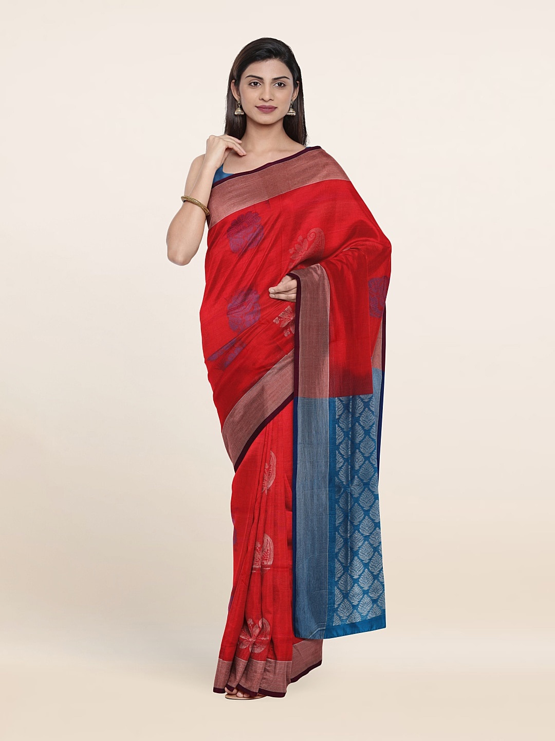 

Pothys Red & Blue Woven Design Zari Pure Silk Saree
