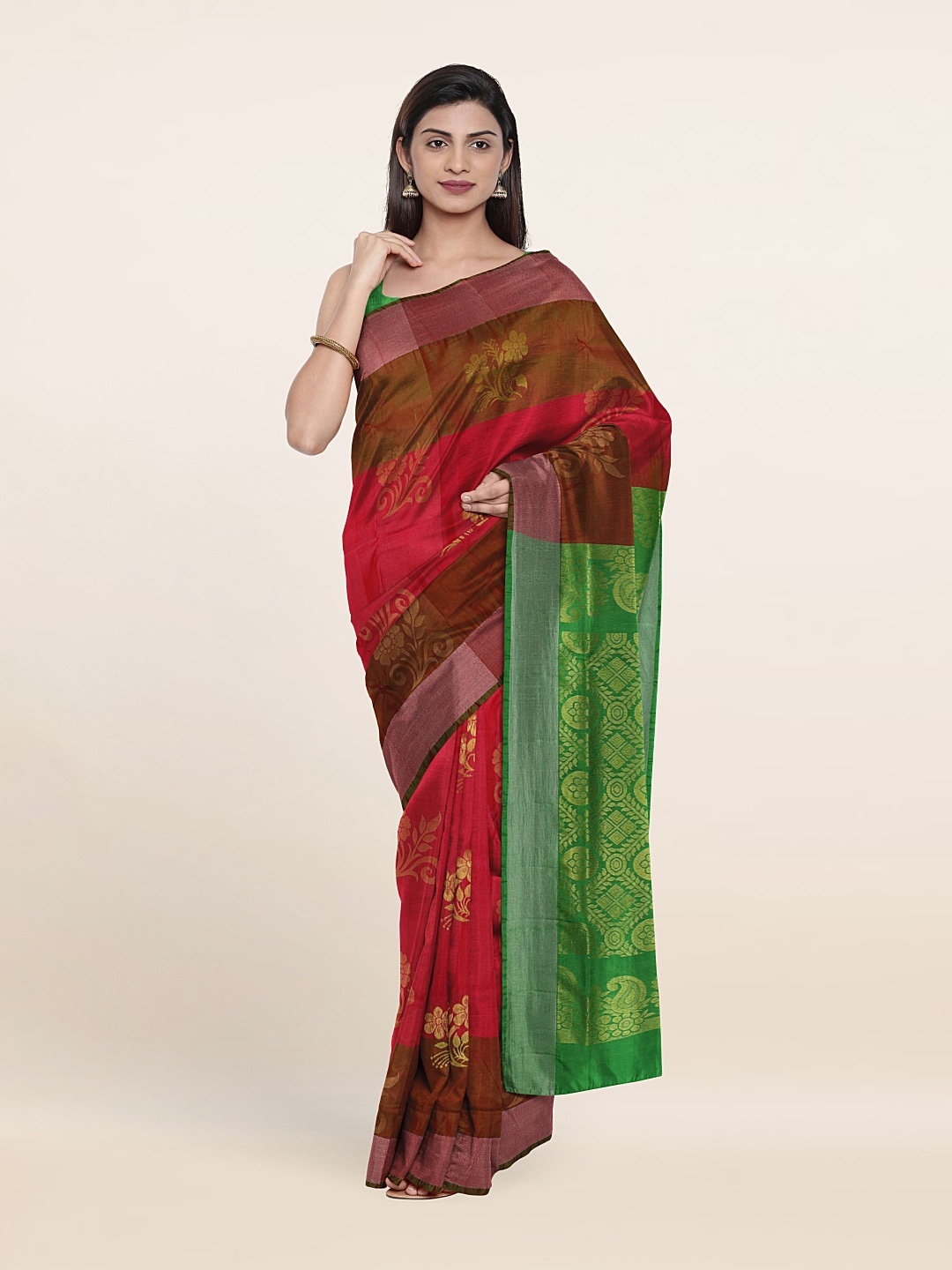 

Pothys Pink & Green Woven Design Zari Pure Silk Saree