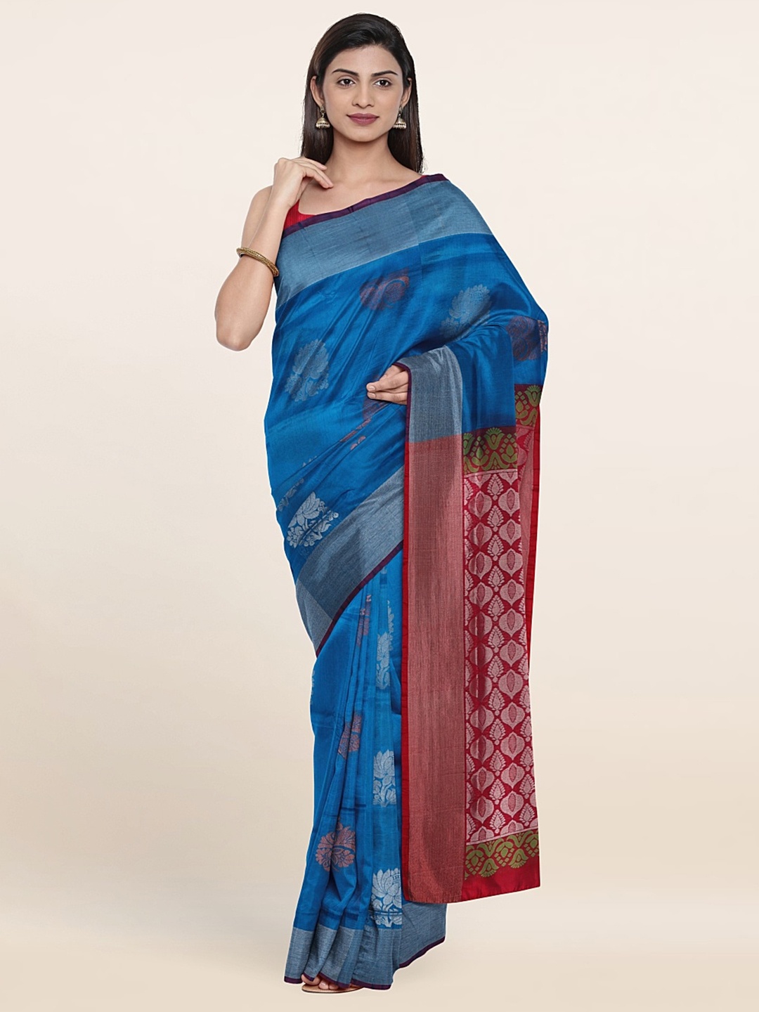 

Pothys Blue & Red Woven Design Zari Pure Silk Saree