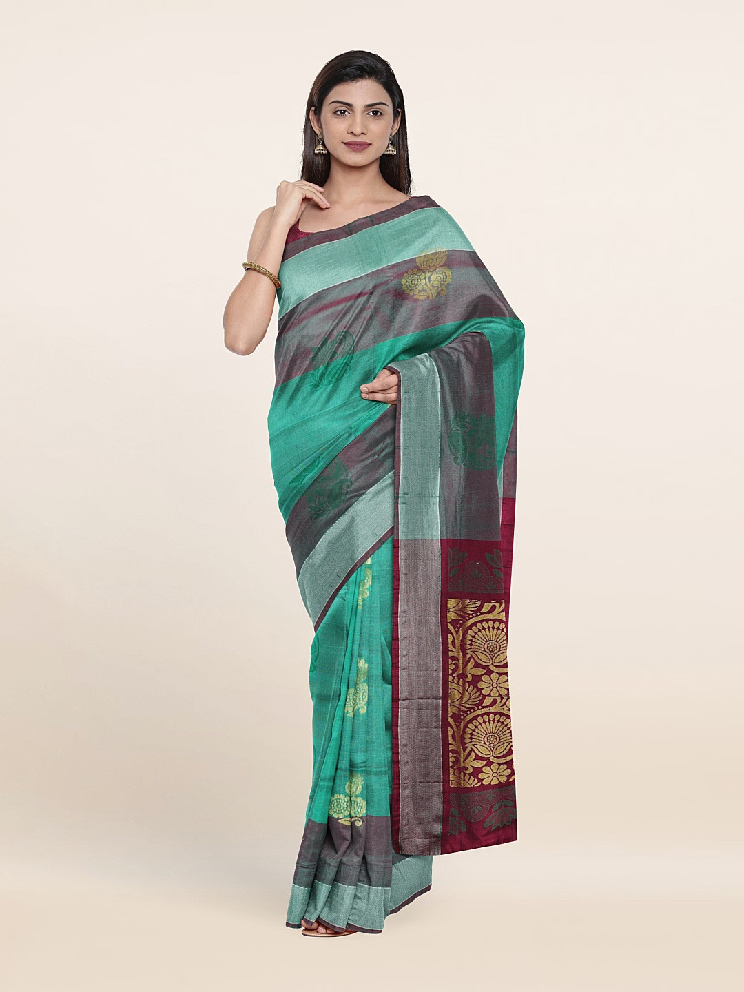 

Pothys Sea Green & Brown Woven Design Zari Pure Silk Saree