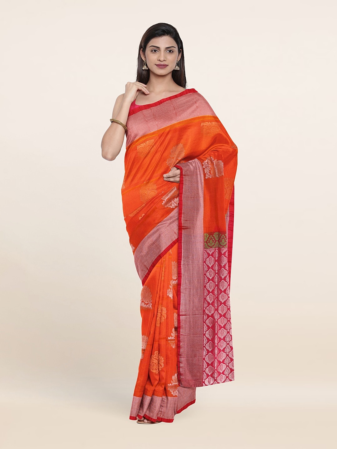 

Pothys Orange & Pink Woven Design Zari Pure Silk Saree