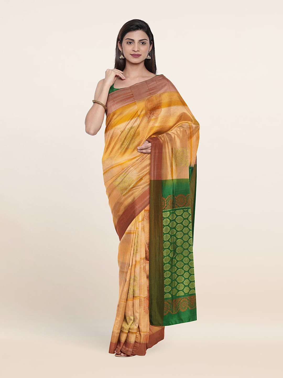 

Pothys Peach-Coloured & Green Woven Design Zari Pure Silk Saree