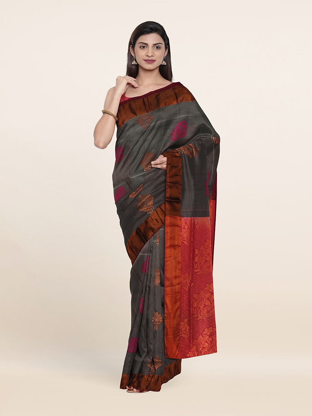 

Pothys Grey & Red Woven Design Zari Pure Silk Saree