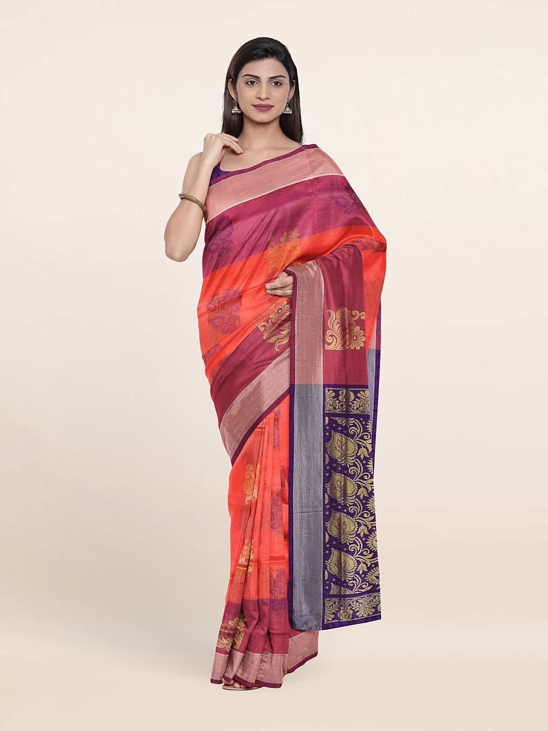 

Pothys Peach-Coloured & Blue Woven Design Zari Pure Silk Saree