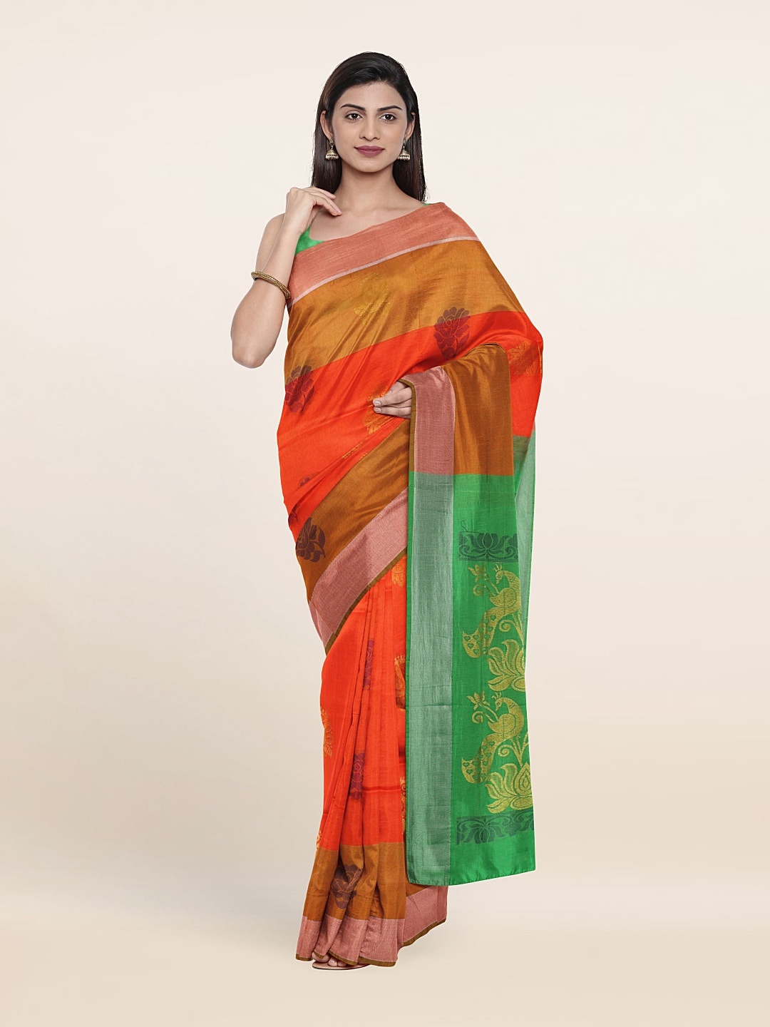 

Pothys Orange & Green Woven Design Zari Pure Silk Saree