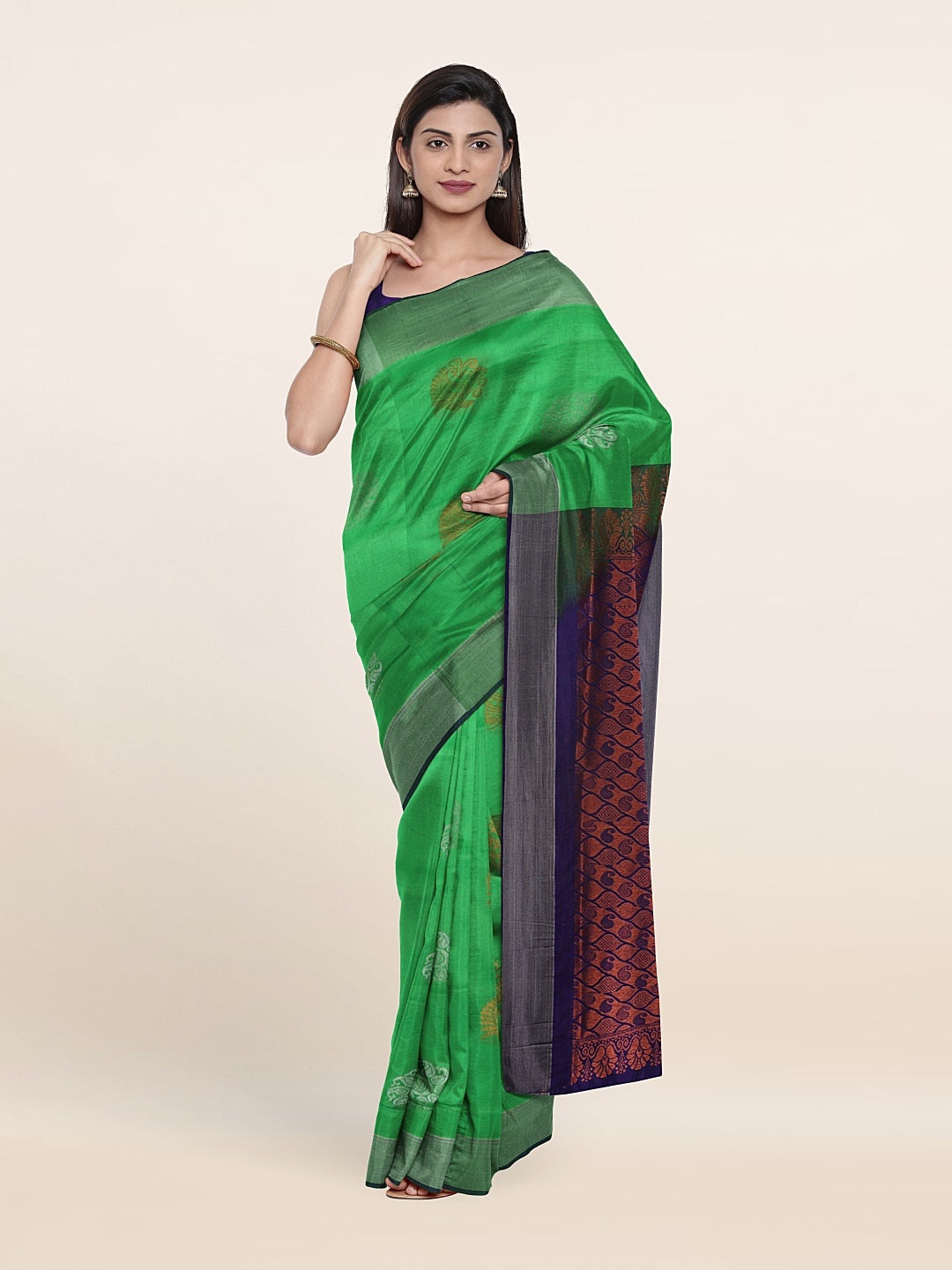 

Pothys Green & Navy Blue Ethnic Motifs Zari Pure Silk Saree