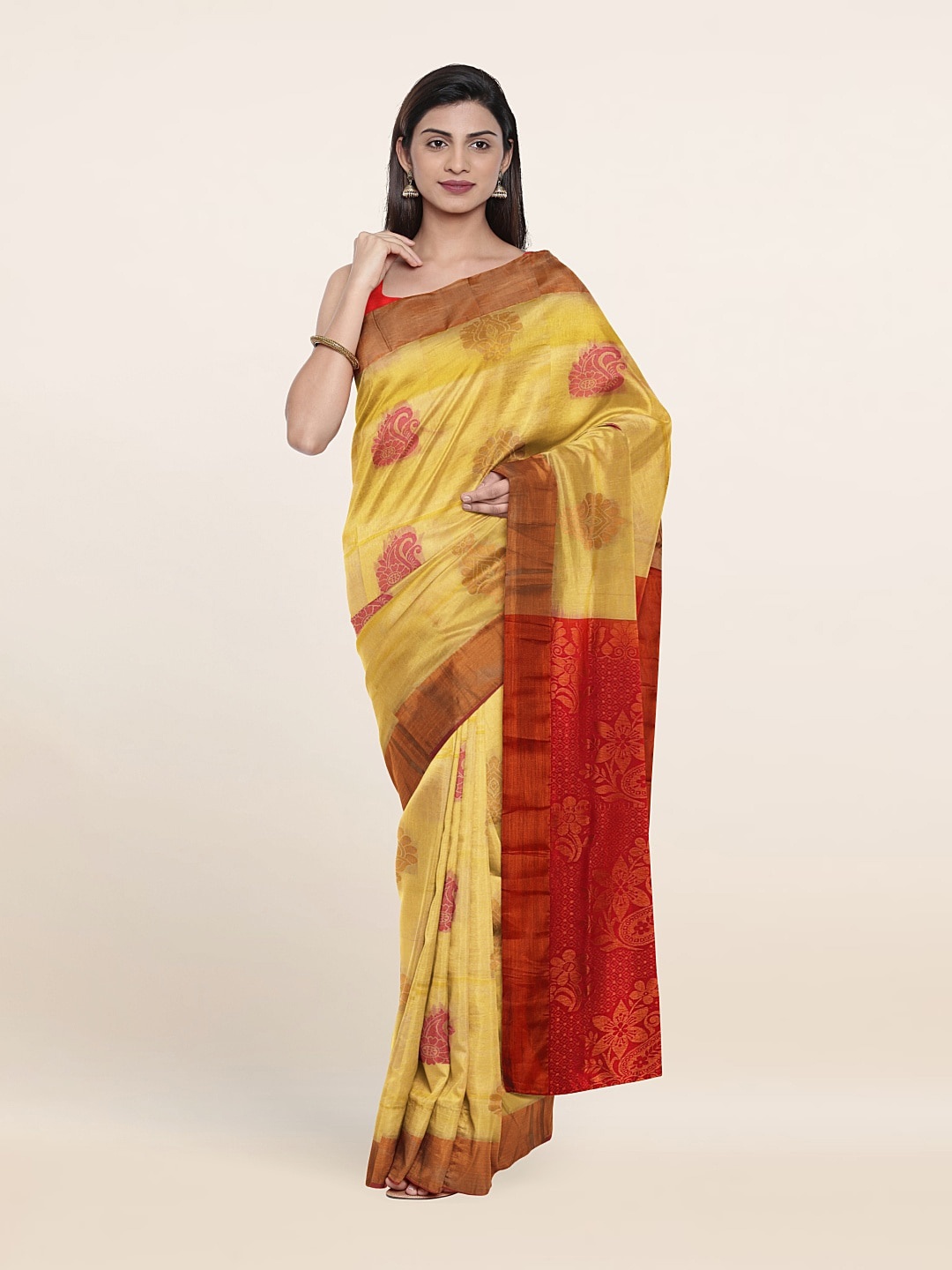

Pothys Cream-Coloured & Red Ethnic Motifs Zari Pure Silk Saree