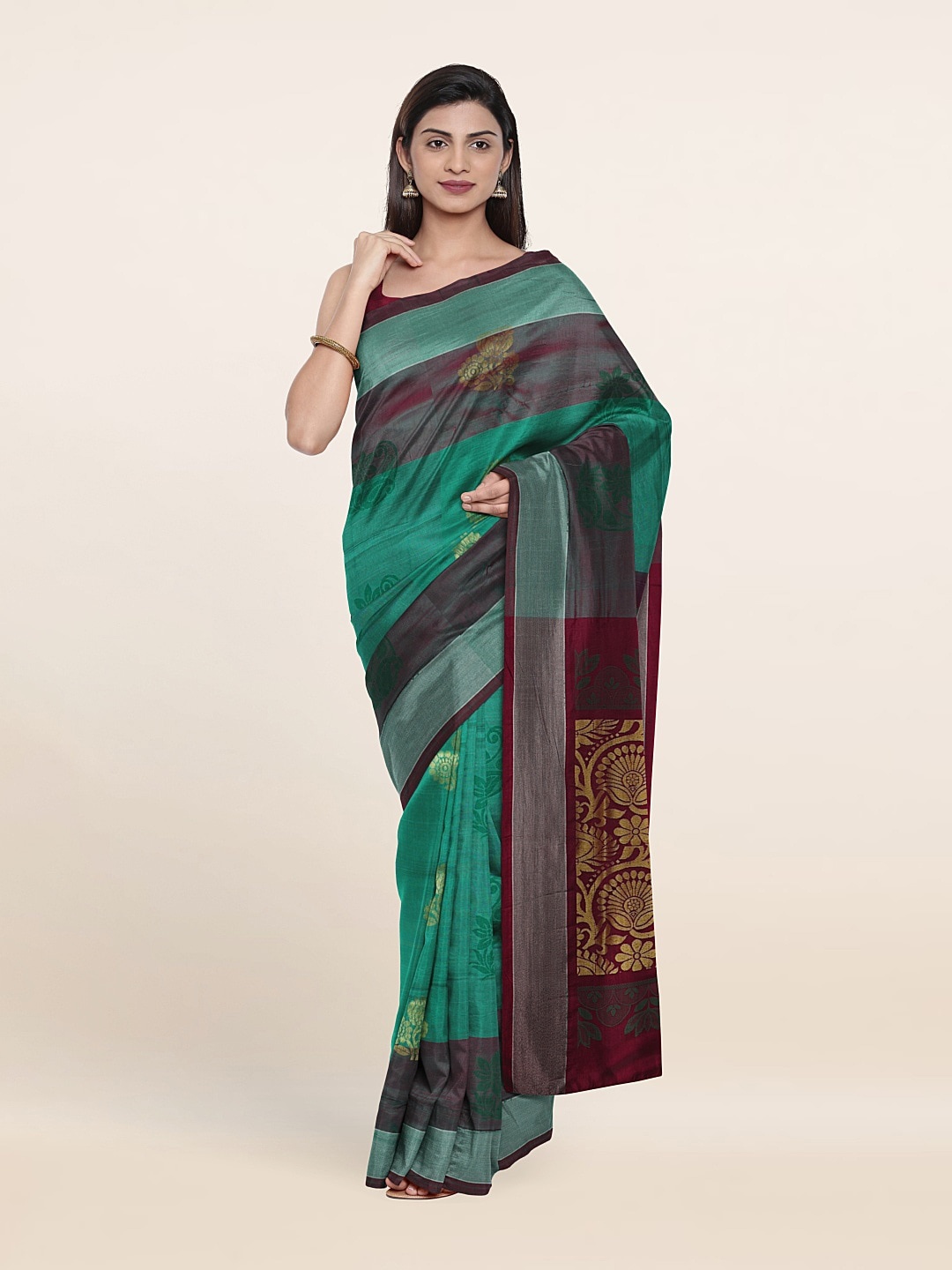 

Pothys Sea Green & Brown Ethnic Motifs Zari Pure Silk Saree