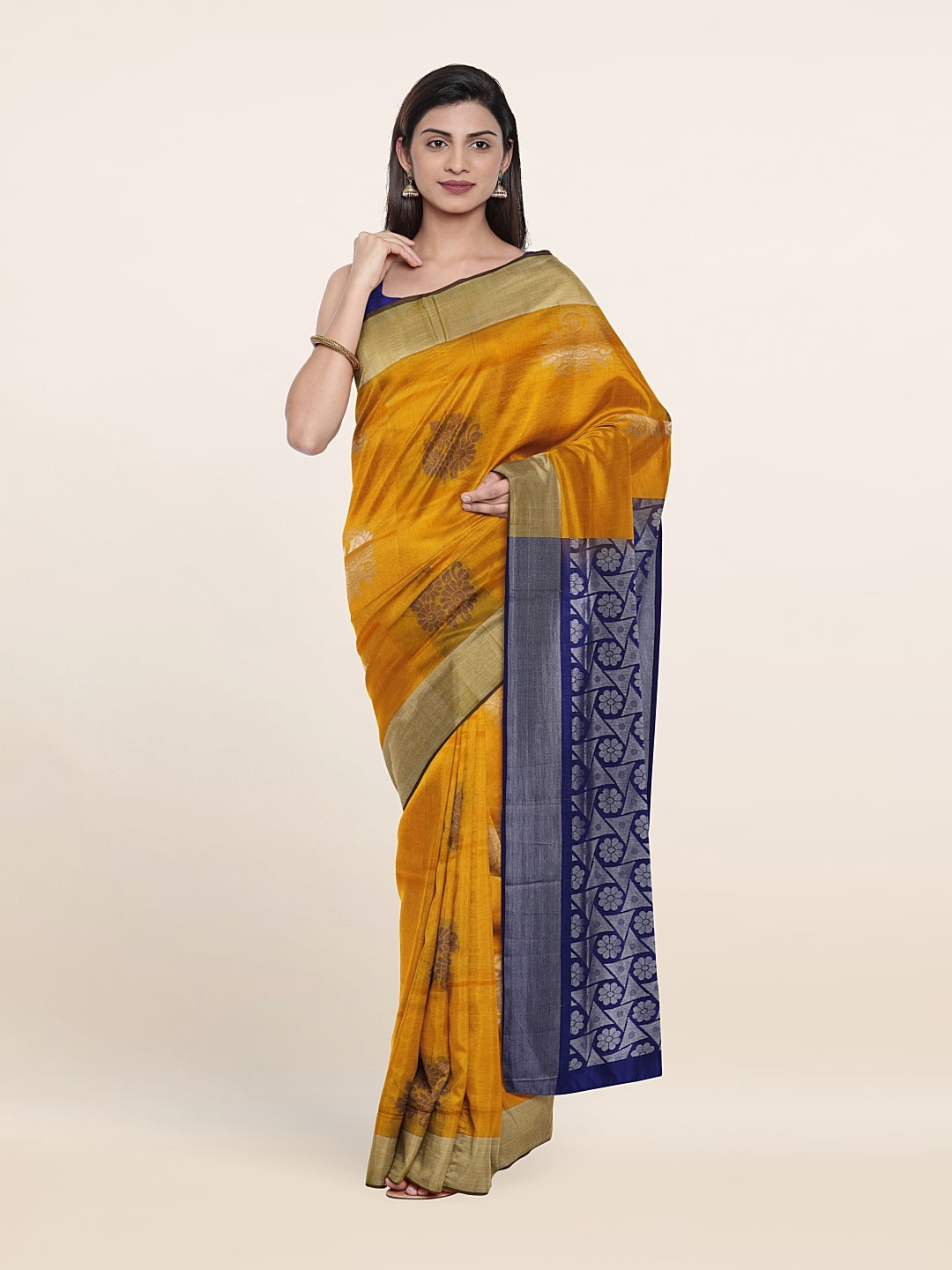 

Pothys Yellow & Blue Ethnic Motifs Zari Pure Silk Saree