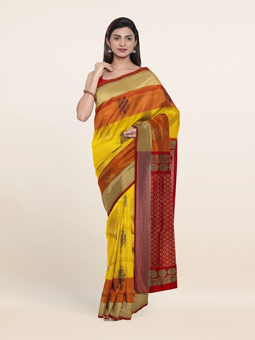 

Pothys Yellow & Red Ethnic Motifs Zari Pure Silk Saree