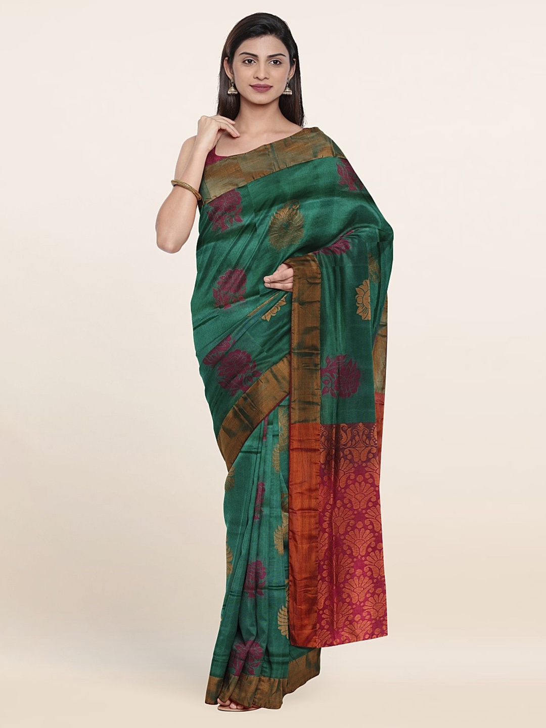 

Pothys Green & Red Ethnic Motifs Zari Pure Silk Saree