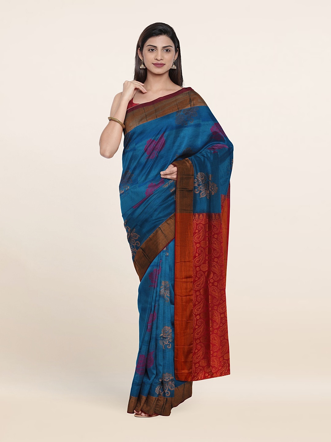 

Pothys Blue & Red Ethnic Motifs Zari Pure Silk Saree