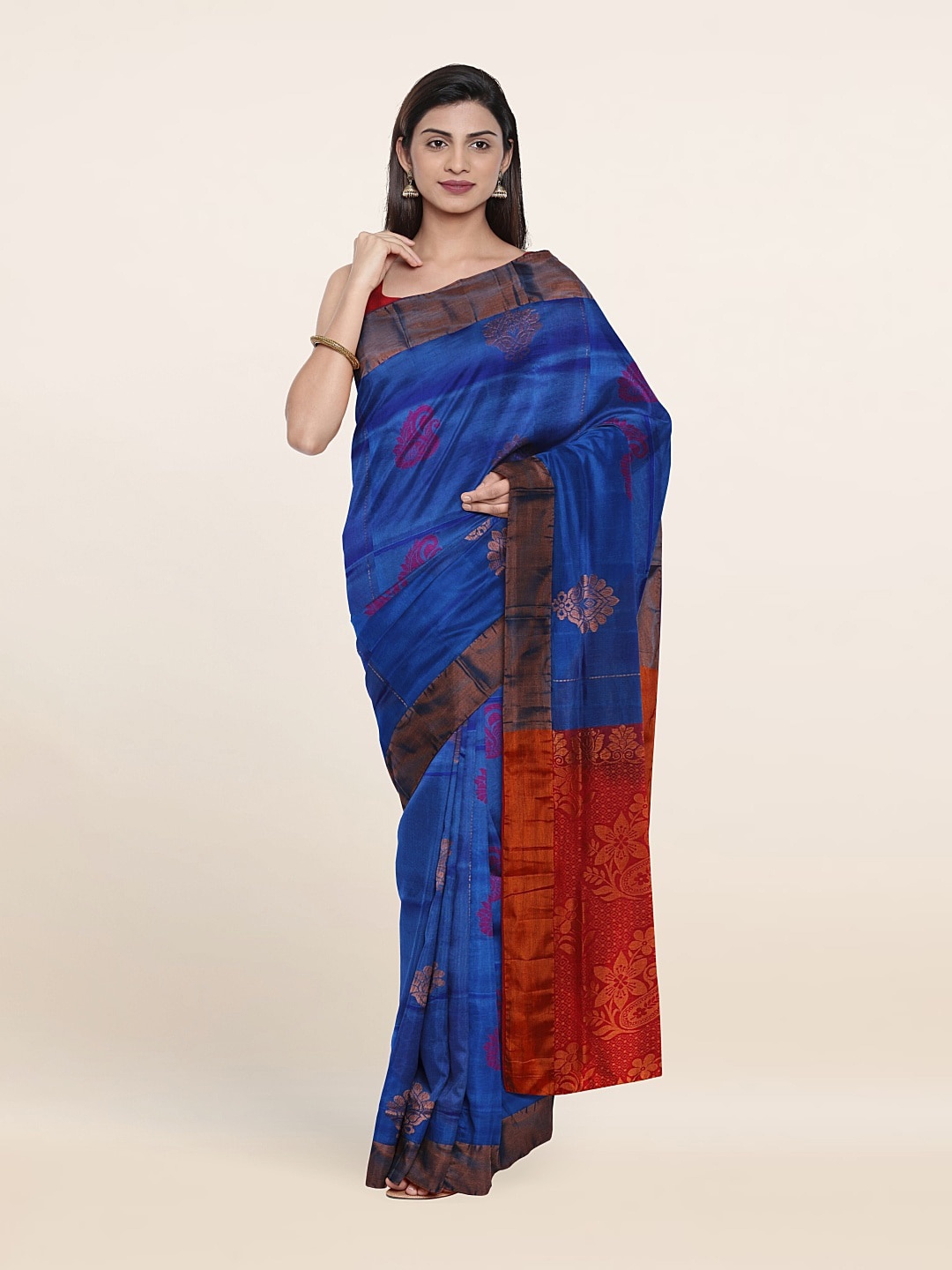 

Pothys Blue & Red Ethnic Motifs Zari Pure Silk Saree
