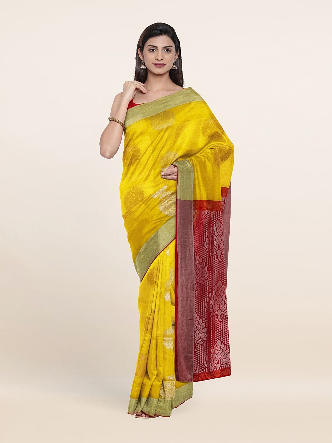 

Pothys Yellow & Red Ethnic Motifs Zari Pure Silk Saree