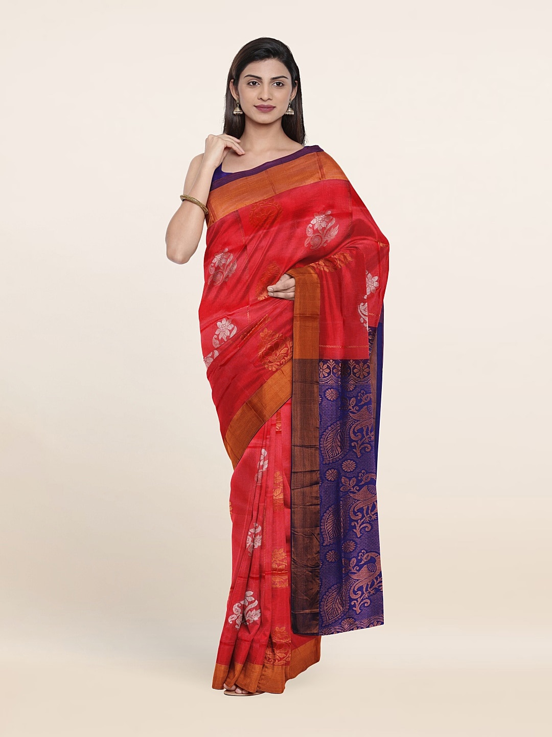 

Pothys Pink & Blue Floral Zari Pure Silk Saree