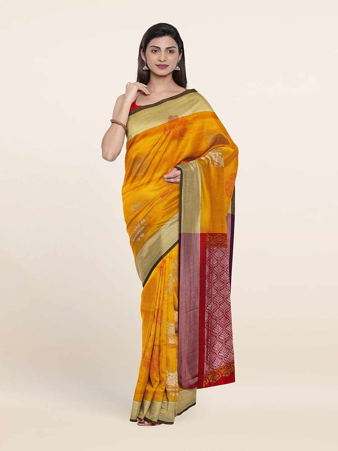 

Pothys Yellow & Red Floral Zari Pure Silk Saree