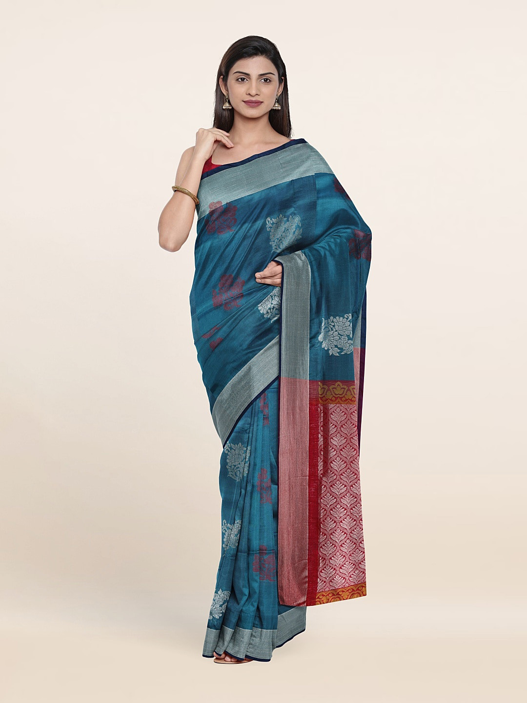 

Pothys Teal & Pink Floral Zari Pure Silk Saree
