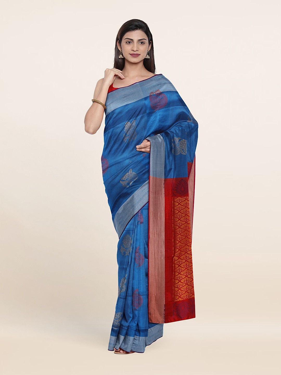 

Pothys Blue & Red Woven Design Zari Pure Silk Saree