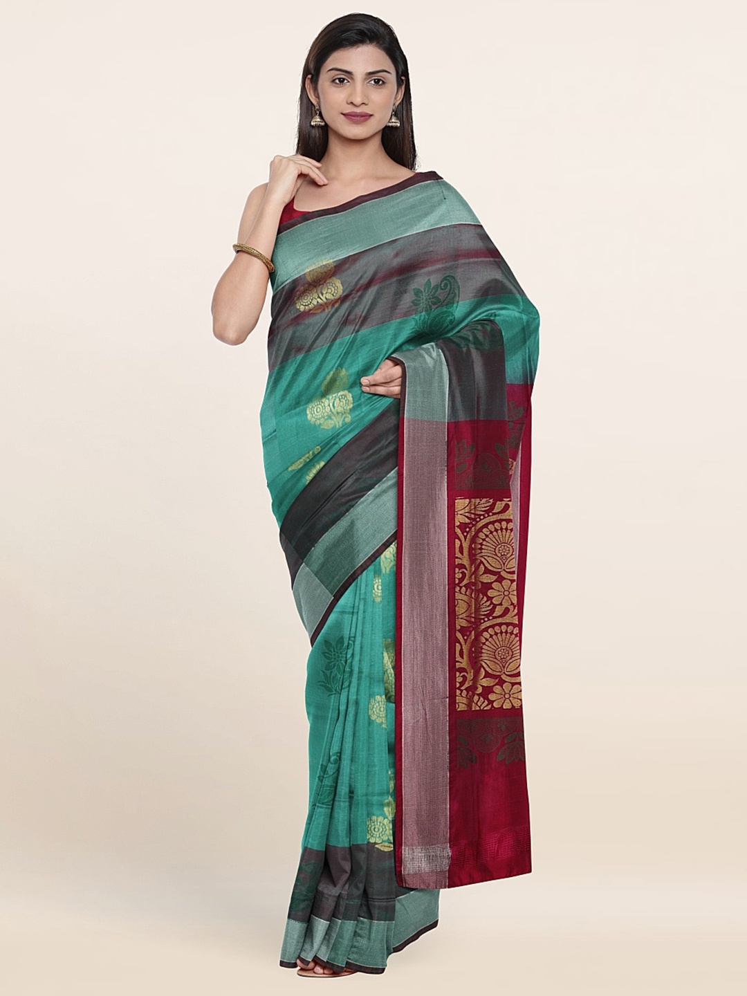 

Pothys Sea Green & Red Woven Design Zari Pure Silk Saree