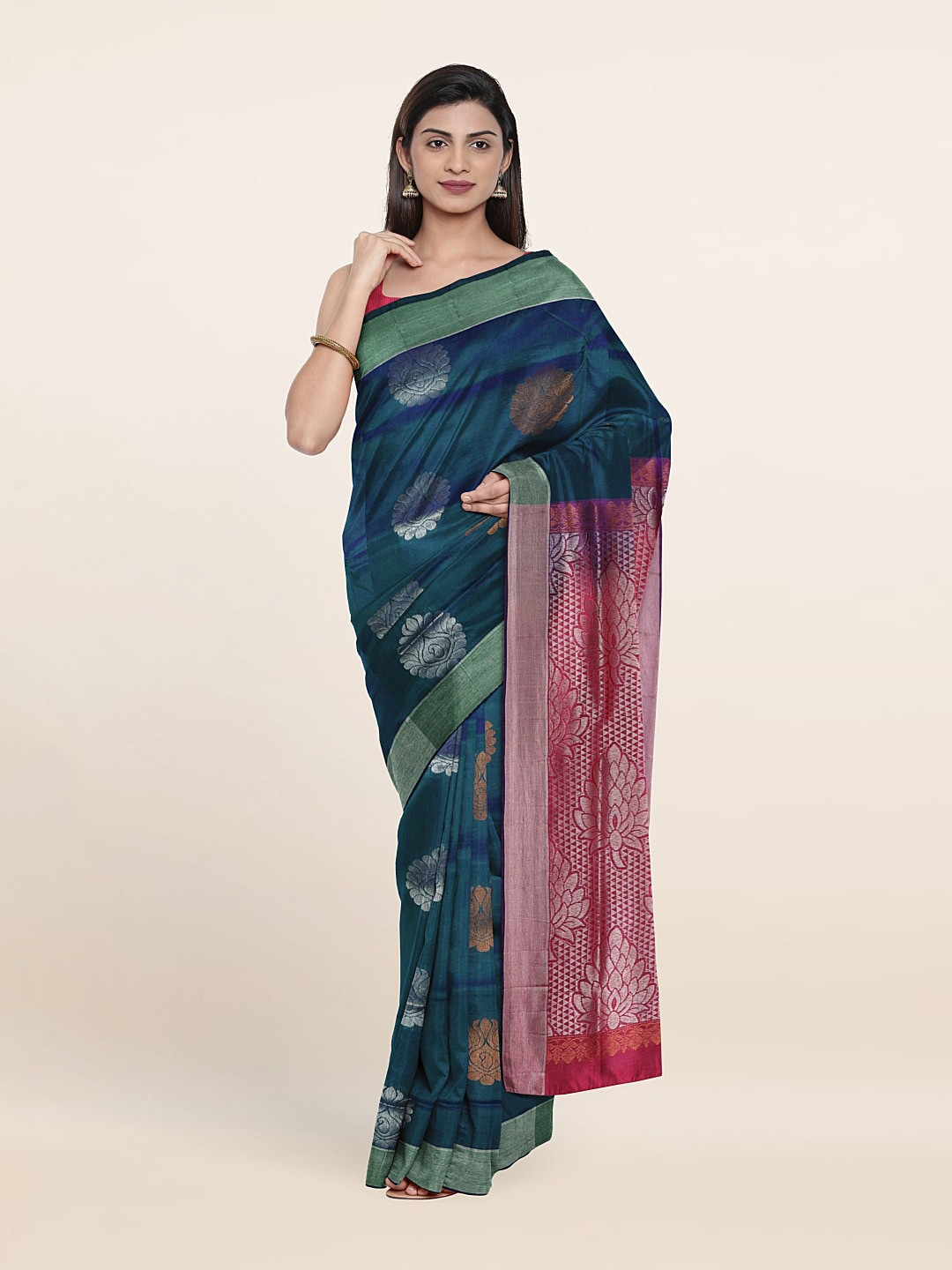 

Pothys Teal & Pink Woven Design Zari Pure Silk Saree