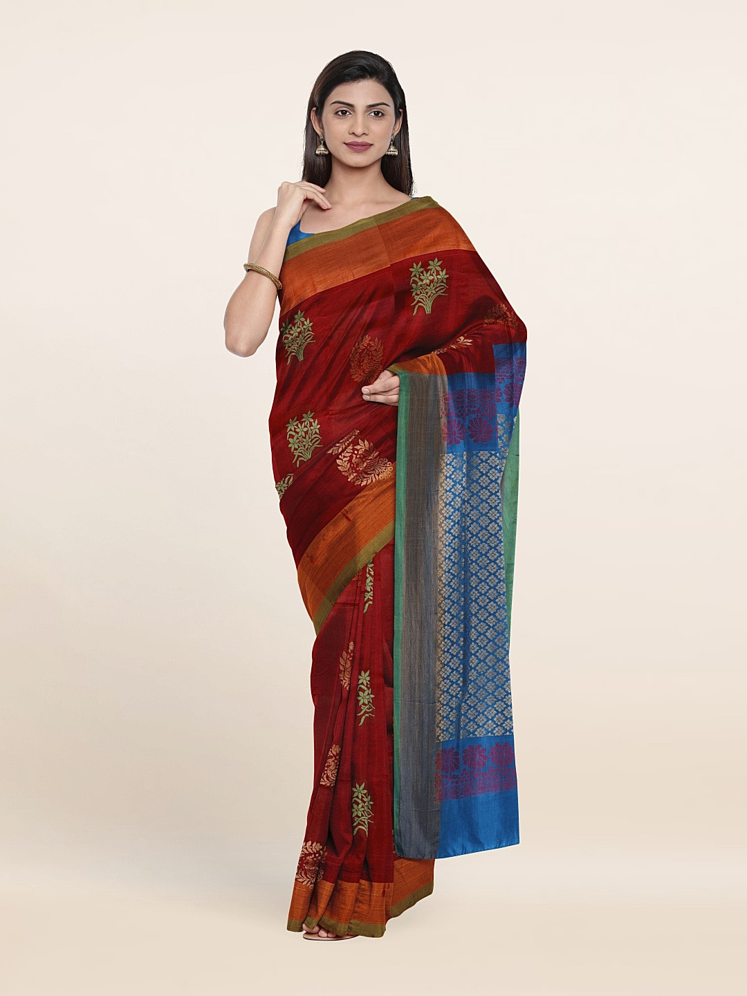 

Pothys Maroon & Blue Ethnic Motifs Zari Pure Silk Saree