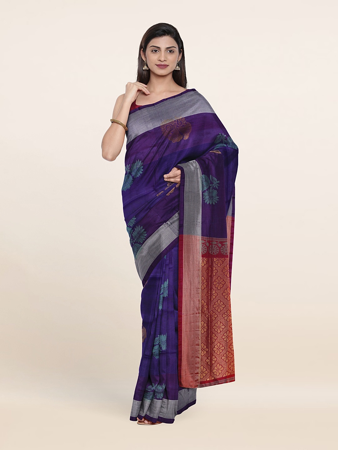 

Pothys Violet & Red Floral Zari Pure Silk Saree