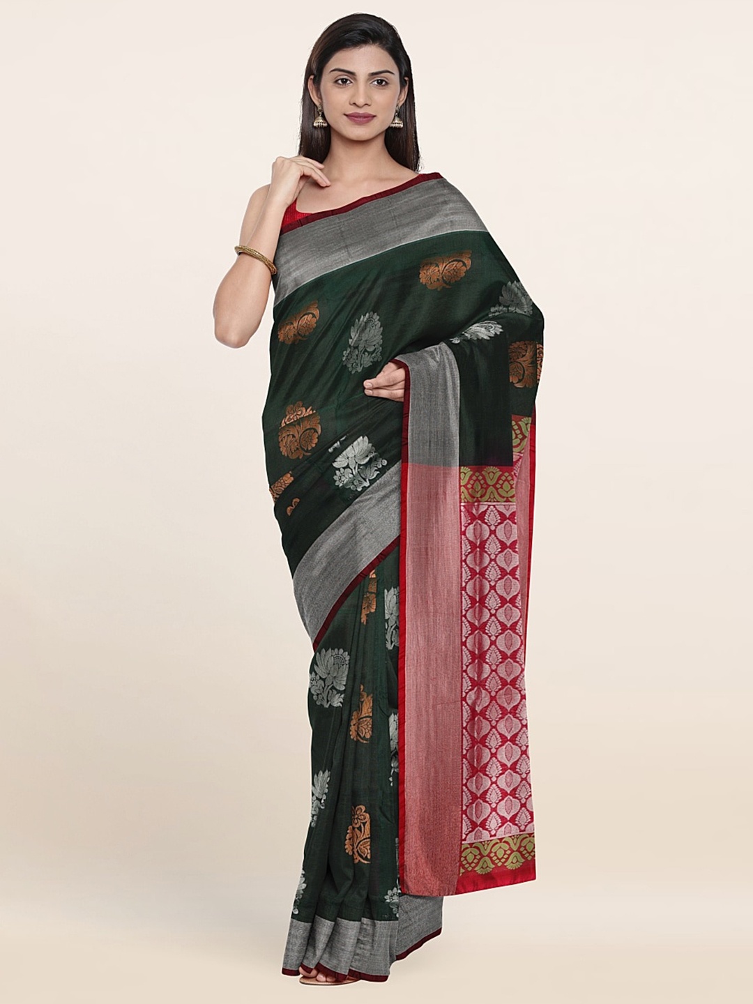 

Pothys Green & Pink Ethnic Motifs Zari Pure Silk Saree