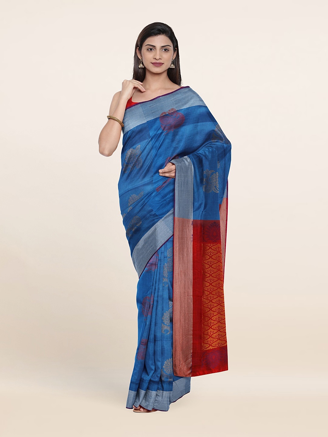 

Pothys Blue & Red Ethnic Motifs Zari Pure Silk Saree