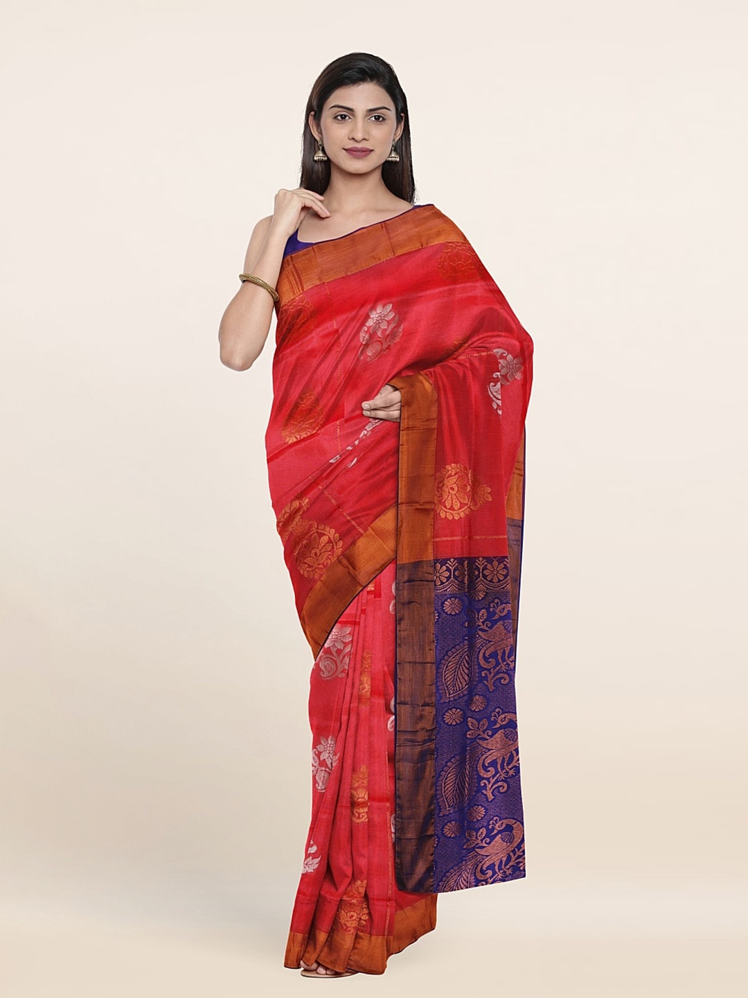 

Pothys Pink & Blue Floral Zari Pure Silk Saree