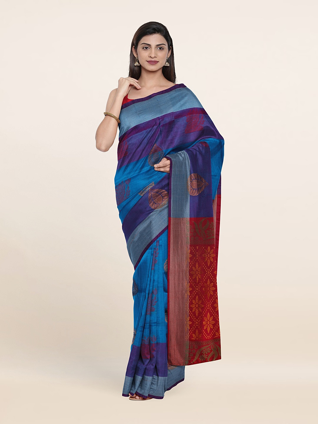 

Pothys Blue & Red Ethnic Motifs Zari Pure Silk Saree