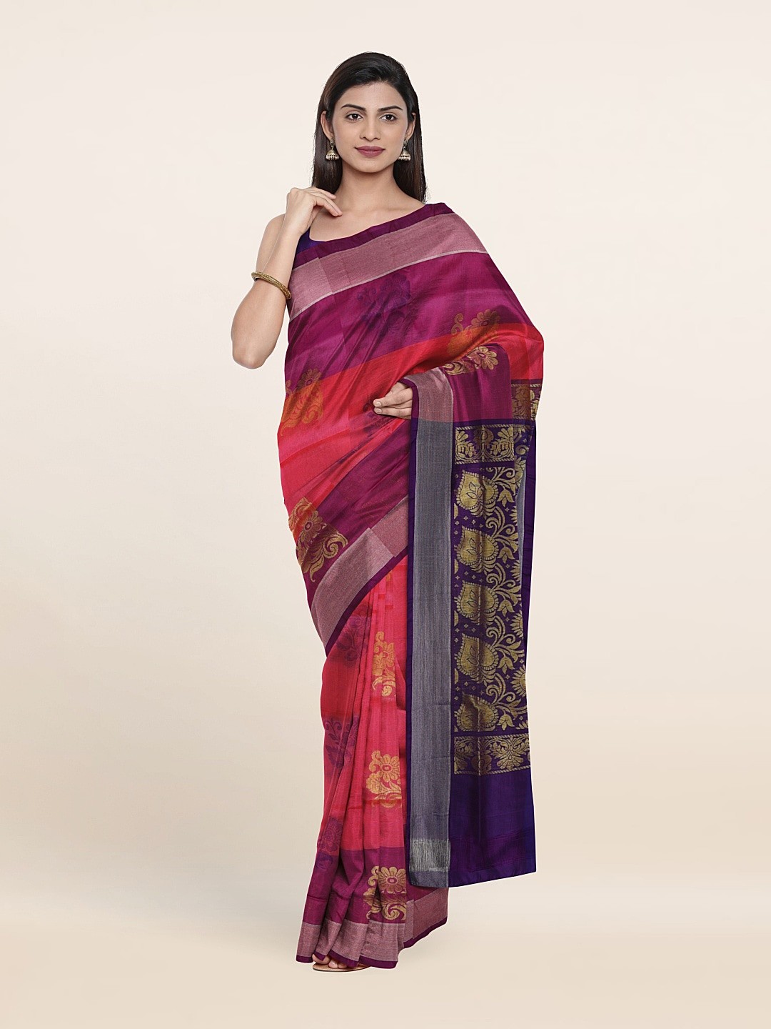 

Pothys Pink & Blue Floral Zari Pure Silk Saree