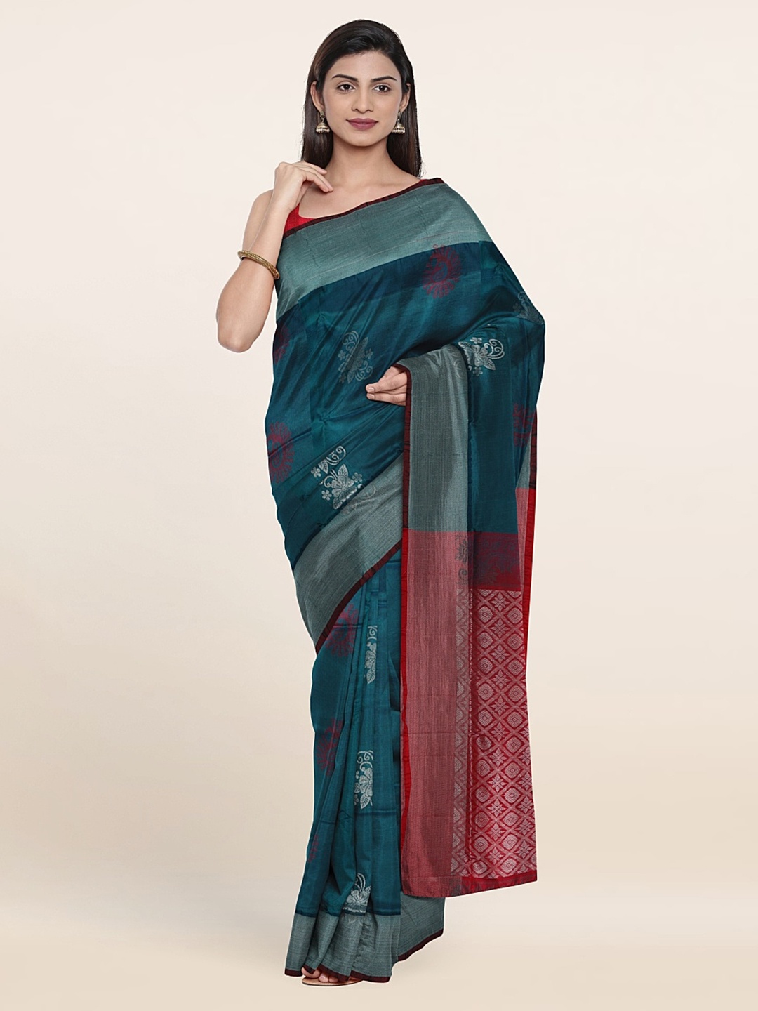 

Pothys Teal & Pink Ethnic Motifs Zari Pure Silk Saree