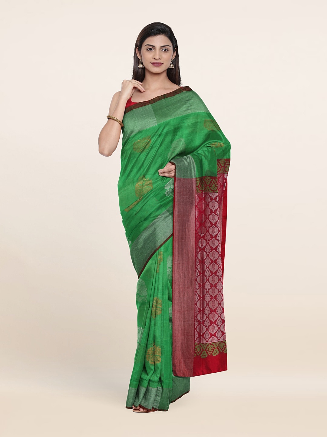 

Pothys Green & Red Ethnic Motifs Zari Pure Silk Saree