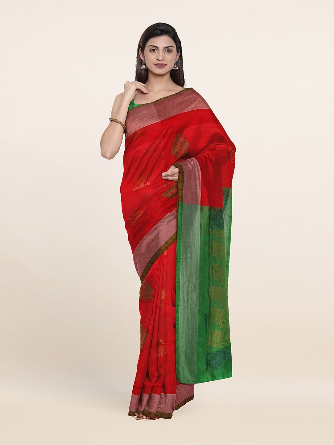 

Pothys Red & Green Ethnic Motifs Zari Pure Silk Saree