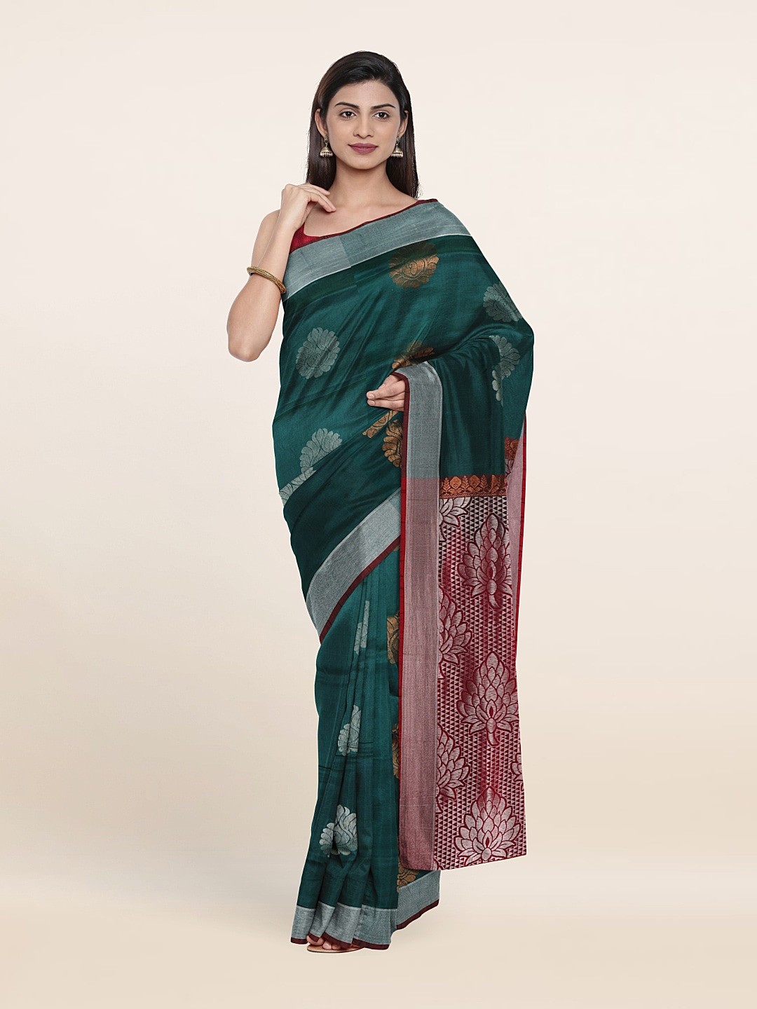 

Pothys Green & Red Ethnic Motifs Zari Pure Silk Saree