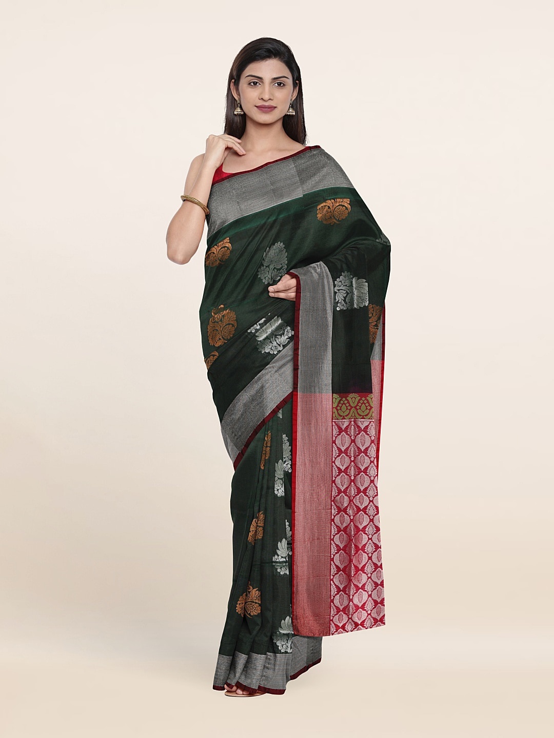 

Pothys Green & Red Ethnic Motifs Zari Pure Silk Saree