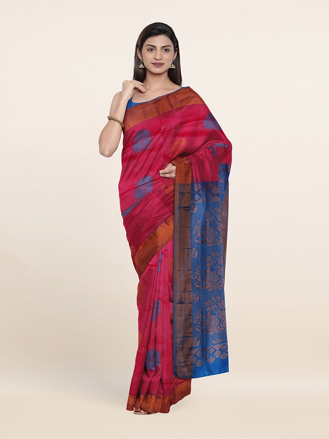 

Pothys Pink & Blue Ethnic Motifs Zari Pure Silk Saree