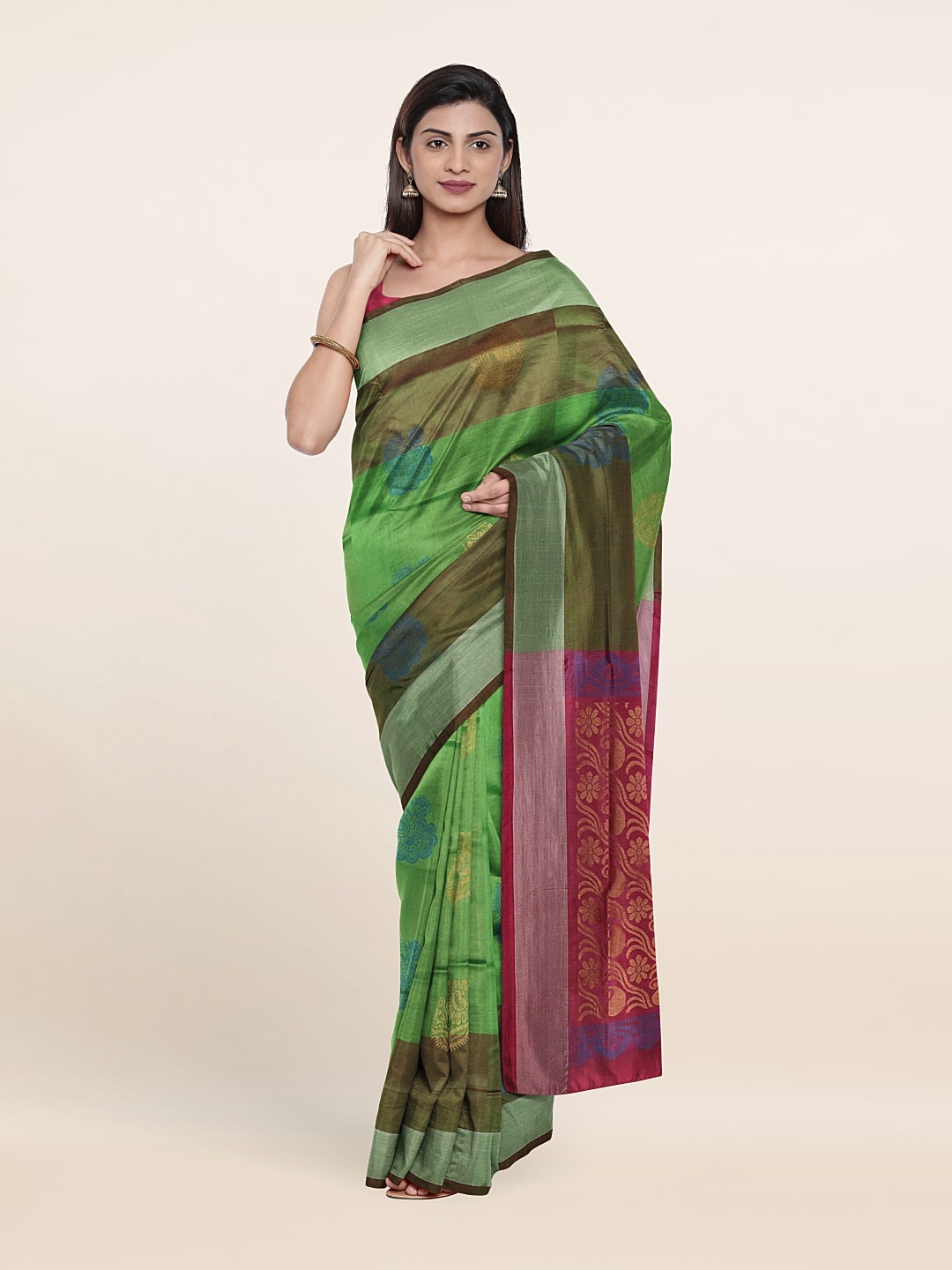 

Pothys Green & Pink Ethnic Motifs Zari Pure Silk Saree