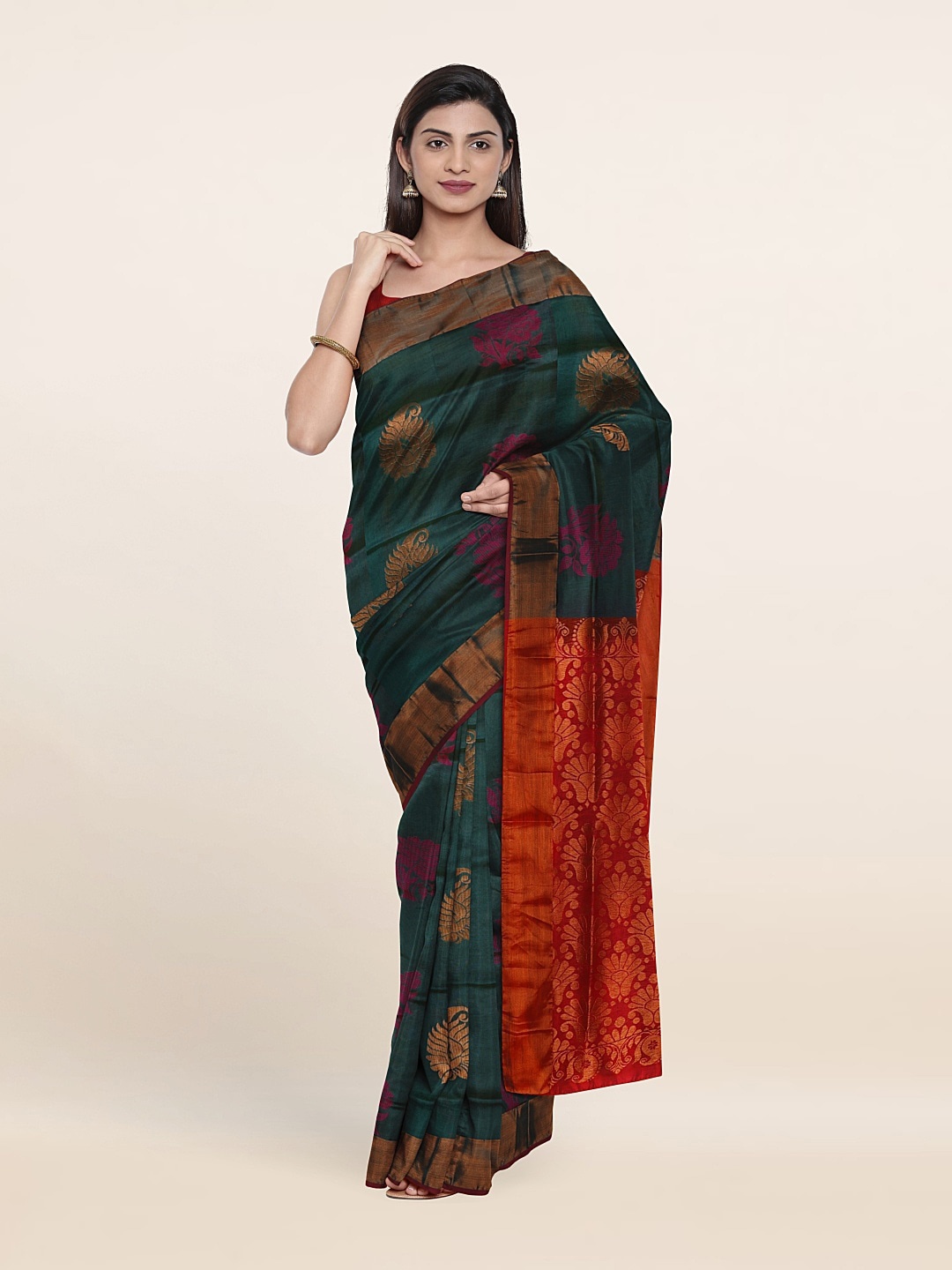 

Pothys Green & Red Floral Zari Pure Silk Saree