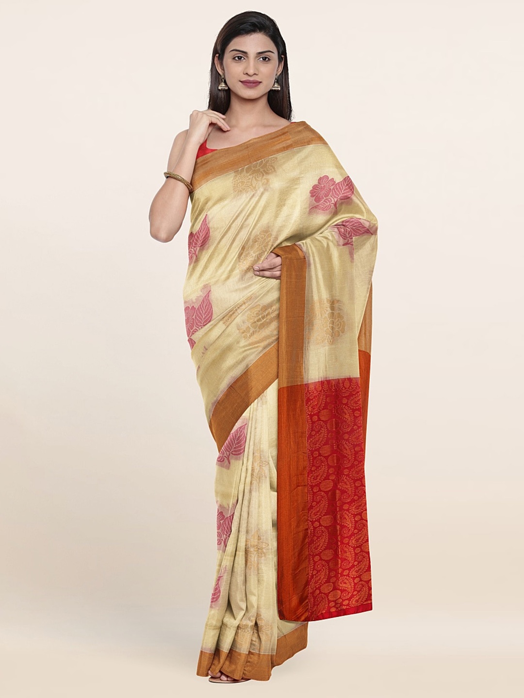 

Pothys Cream-Coloured & Red Floral Zari Pure Silk Saree