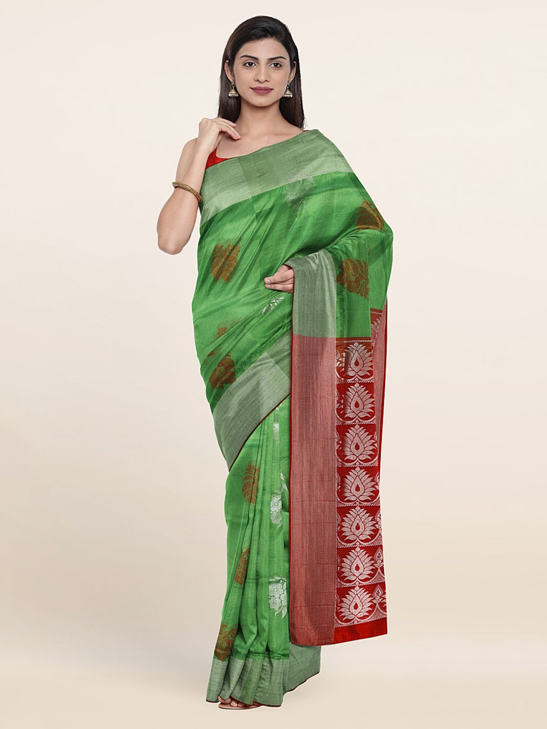

Pothys Green & Red Floral Zari Pure Silk Saree